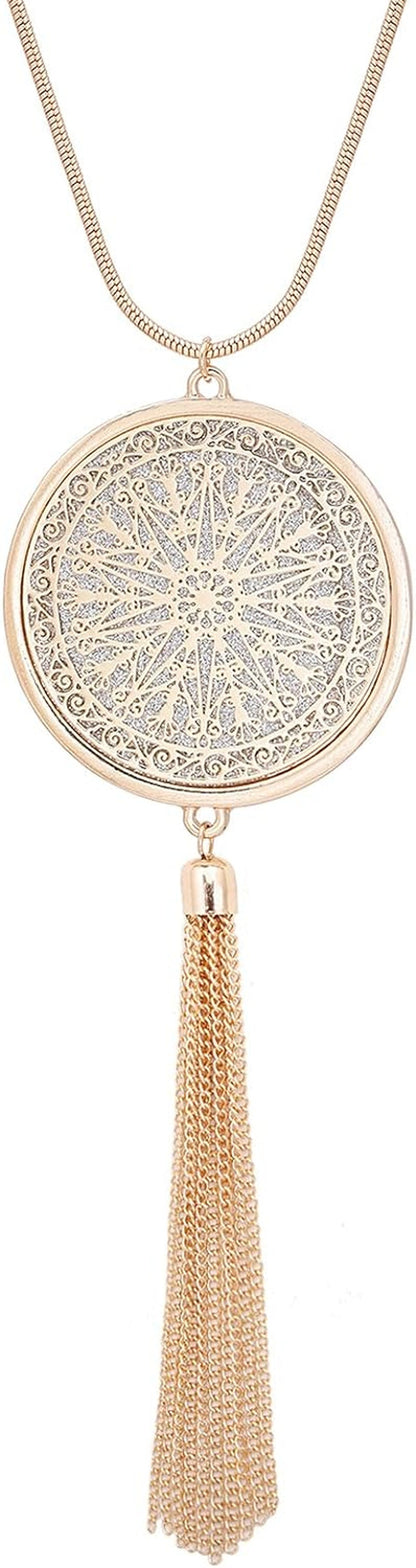 Long Necklaces for Woman Disk Circle Pendant Necklaces Tassel Fringe Necklace Set Statement Pendant