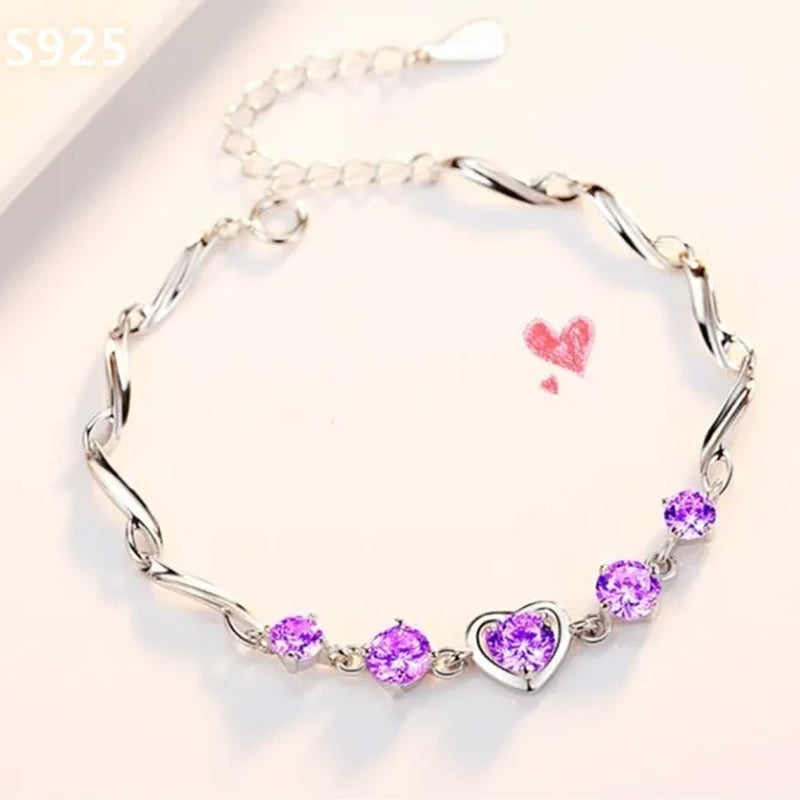 925 Sterling Silver Heart-shaped Amethyst Bracelet Ladies Fashion Jewelry Christmas Gift