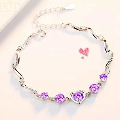 925 Sterling Silver Heart-shaped Amethyst Bracelet Ladies Fashion Jewelry Christmas Gift