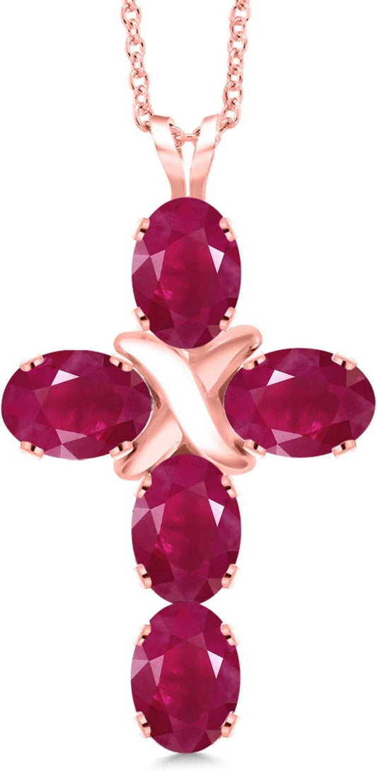 18K Rose Gold Plated Silver Red Ruby Cross Pendant Necklace for Women (3.00 Cttw, Gemstone July Birthstone, Oval 6X4MM, with 18 Inch Silver Chain)