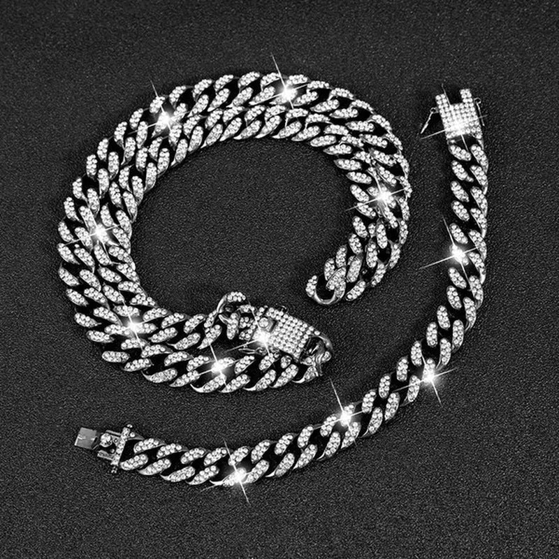 13MM  24K Gold/925 Silver Iced Out BlingBling Diamond Cuban Link Chain Miami Choker Necklace Bracelet Jewelry Set for Fashion Men and Women Hip Hop Jewelry