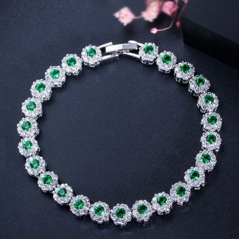 CANDICE 2023 New Sterling Silver Party Jewelry With Green Crystal Stone and CZ Zirconia Women Flower Charm Bracelets Bangles