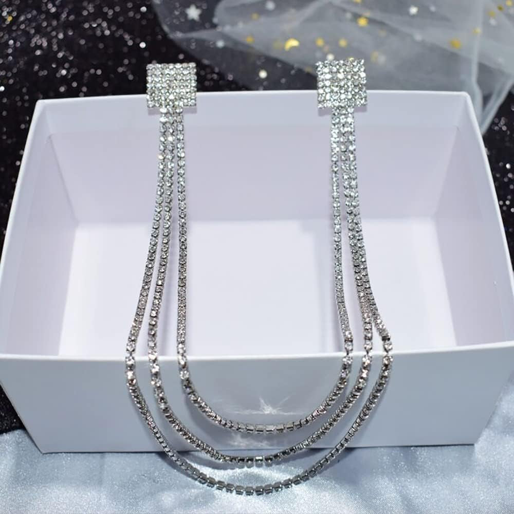 Rhinestone Geometric Tassel Lapel Brooch Pin Long Chain Multi-Layered Full of Crystal Square Pins Clip Dress Sweater Collar Jackets Suit Brooches Pins Fashion Jewelry Gifts for Women Girls Accessories