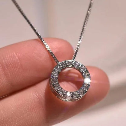 925 Sterling Silver Diamond Circle Rings Pendant Necklace for Women Daily Casual Fashion Accessories
