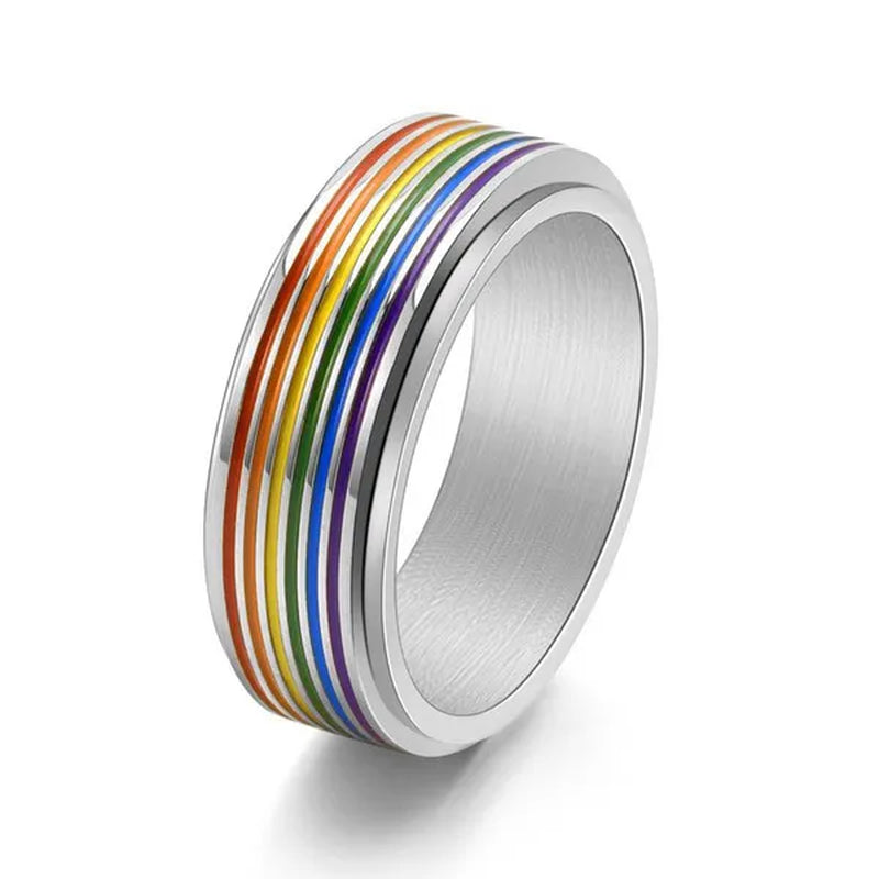 Women Men Multicolor Stripes of Rainbow Stainless Steel Spinner Ring Gay Lesbian LGBT Pride Rings Engagement & Wedding Band Valentines Gift Silver / Gold / Black Size 6-12