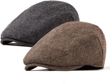 2Pack Adjustable Newsboy Hats for Men Flat Cap Irish Cabbie Wool Blend Tweed