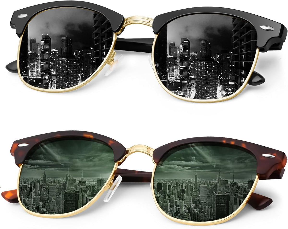 Classic Polarized Sunglasses for Men and Women Retro Style Semi Rimless Frame Sun Glasses 100% UV Protection Goggles