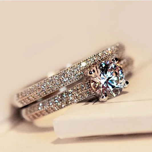 925 Silver Rose Gold Round Cut CZ Wedding Band Engagement Rings Set Women Size 4 5 6 7 8 9 10 11 12