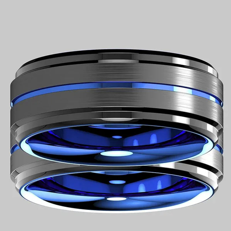8mm Blue Black Brushed Tungsten Carbide Ring with Ladder Edge Blue Groove Design Comfort Fit Wedding Band Ring Men Jewelry Delicate Style Gift