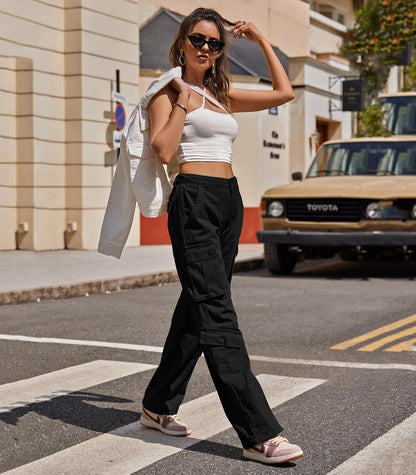 Women Pants High Waisted Cargo Pants Combat Military Wide Leg Casual Trousers 8 Pockets