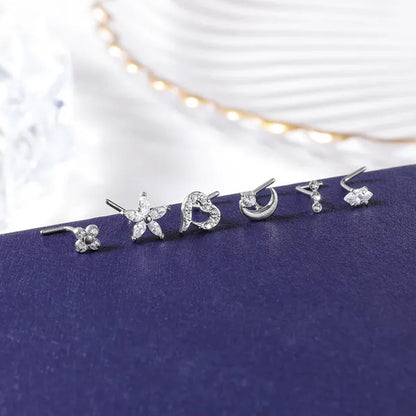 5/6Pcs 20G Nose Rings Stud L Shape Nose Rings Cubic Zirconia Butterfly Flower Eye Moon Heart Shape Nose Studs Piercing Jewelry for Women Men