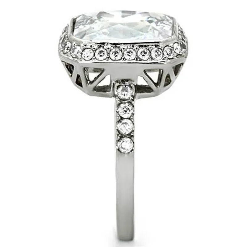 6.38 Ct Halo Emerald Cut Zirconia Stainless Steel Engagement Ring Women's Size 5-10