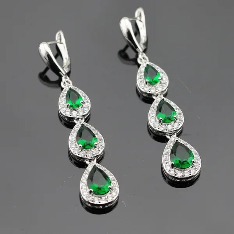 Water Drop Green Zircon White Topaz AAA Zircon 925 Silver Jewelry Sets Necklace Pendant Long Drop Earrings Ring for Women