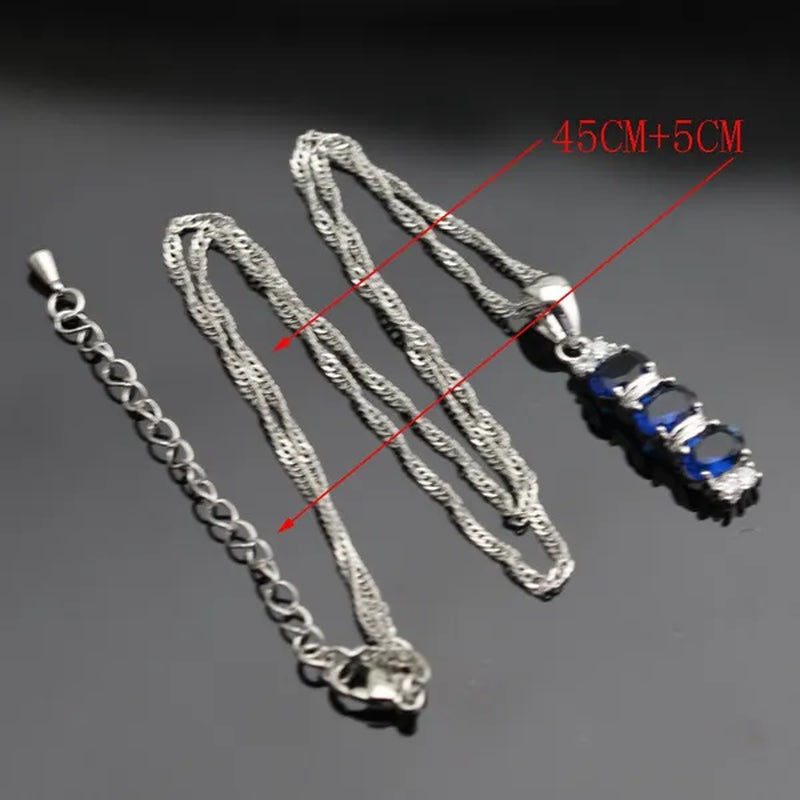 925 Sliver Jewelry Sets Blue Zircon White Topaz Necklace Pendant Drop Earrings Ring Bracelet For Women  Dating Gift