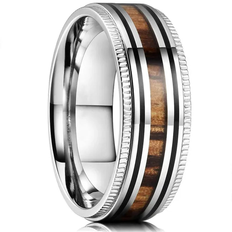 Luxury Jewelry Accessories Plus Size Mens Ring 8mm 316L Stainless Steel Wedding Ring Inlay Koa Wood Sawtooth Edge Titanium Steel Rings for Men