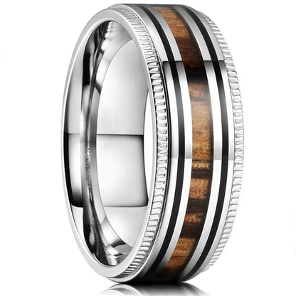 Luxury Jewelry Accessories Plus Size Mens Ring 8mm 316L Stainless Steel Wedding Ring Inlay Koa Wood Sawtooth Edge Titanium Steel Rings for Men