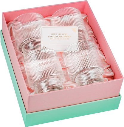 Vintage Art Deco Ribbed Lowball Cocktail Glasses | Set of 4 | 12 Oz Crystal Double Old Fashioned Tumblers for Drinking Classic Whiskey, Gin, Vodka Bar Drinks | round Glassware