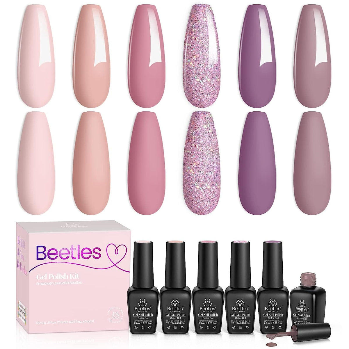 Beetles Nude Gel Polish Set - 6 Pcs Fall in Love Collection Nude Pink Purple Gel Polish Light Green Gel Nail Polish Spring Soak Off Uv Lamp Gel Nail Kit Nails Manicure Gifts for Women