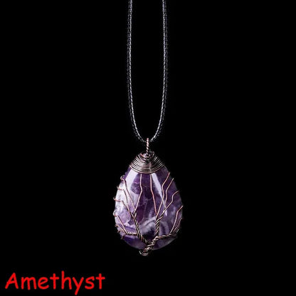 Vintage Natural Gemtone Crystal Amethyst Rose Quartz Tiger Eye Stone Water Drop Tree of Life Pendant Necklace for Women Men Jewelry