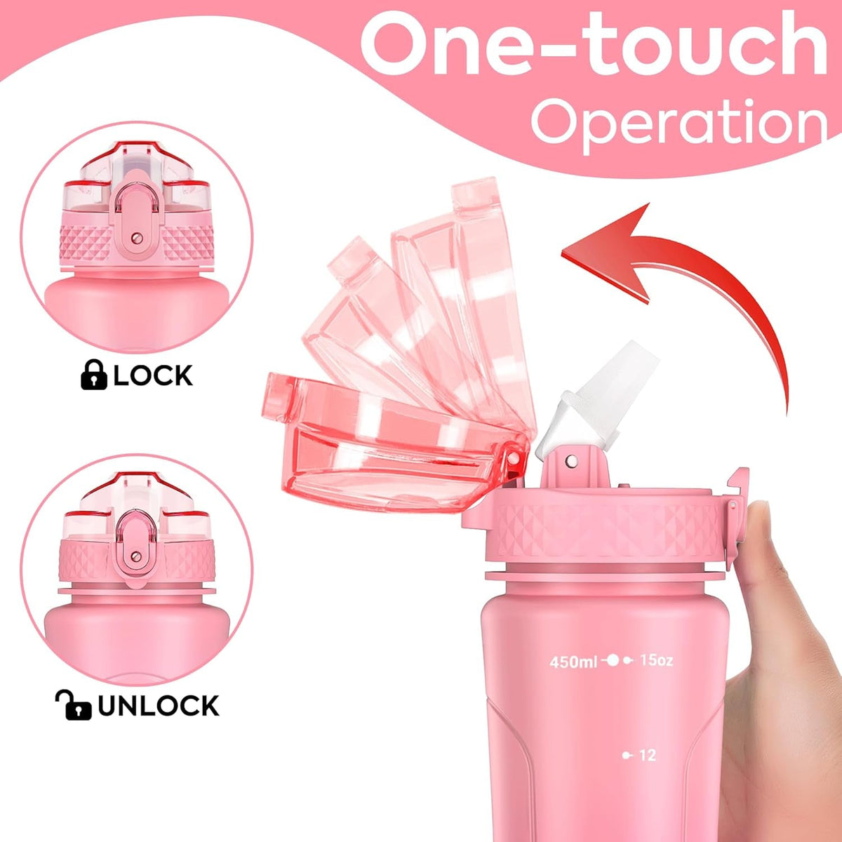 Kids Water Bottle for School with Straw Chug Lid, 15 Oz Unbreakable Leak-Proof Bpa-Free Motivational Water Bottles with Time Marker for Travel Sports Gym, Pink Purple