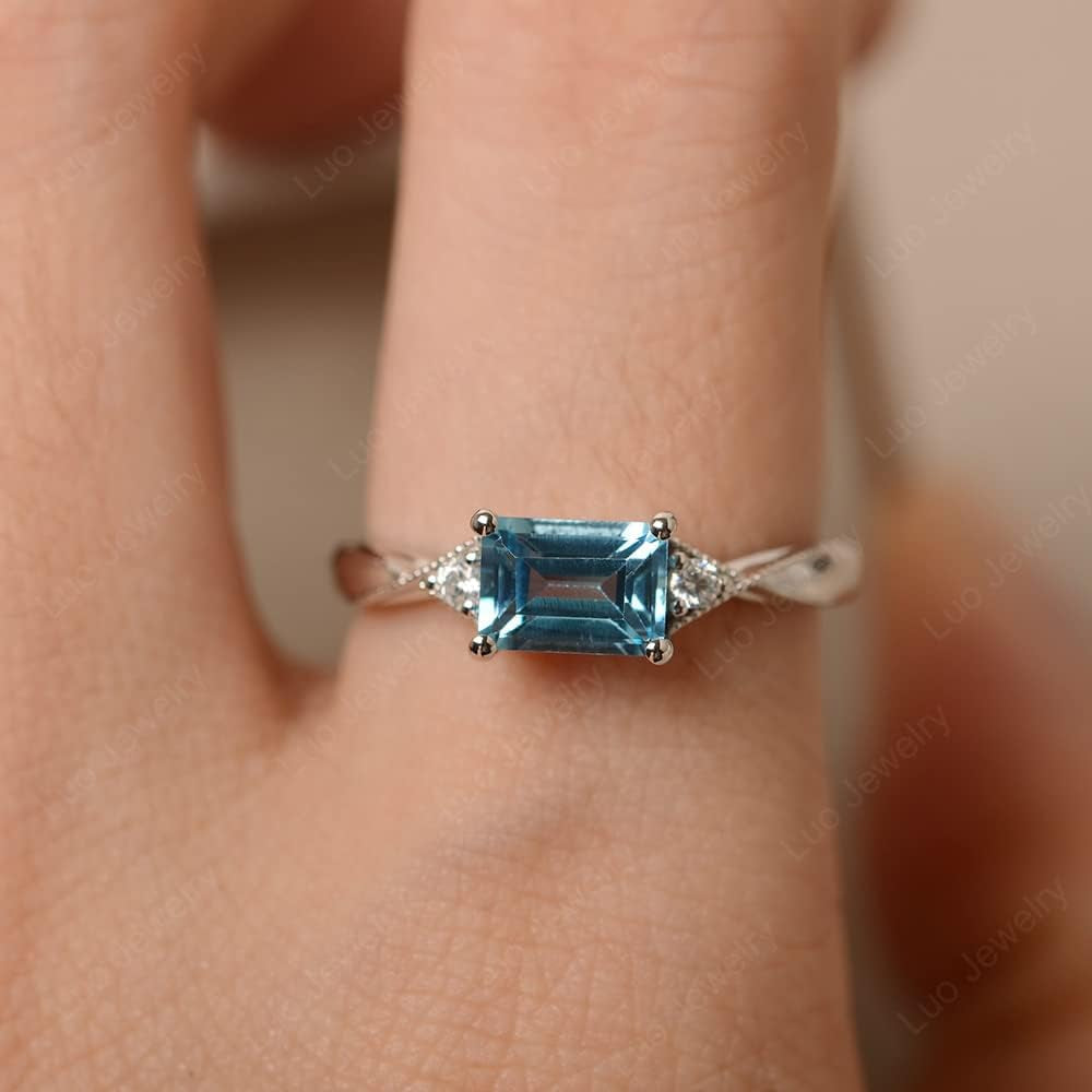 LUO 925 Sterling Silver Emerald Cut 7X5 MM Gemstone Ring East West Dainty Promise Ring for Women