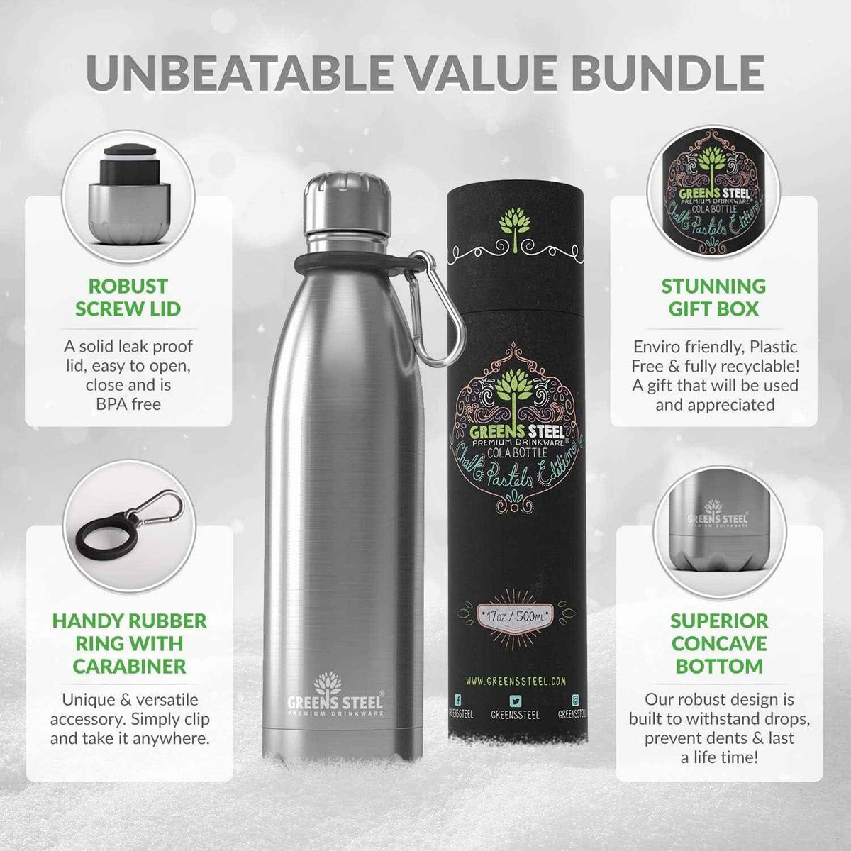 Stainless Steel Water Bottle - 17 Oz, Steel | Vacuum Insulated Double Wall with Screw Lid/Leak Proof | Thermal Travel Sports Canteen Coffee Flask