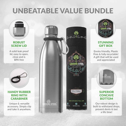 Stainless Steel Water Bottle - 17 Oz, Steel | Vacuum Insulated Double Wall with Screw Lid/Leak Proof | Thermal Travel Sports Canteen Coffee Flask