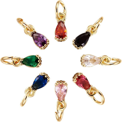 20Pcs Cubic Zirconia Mini Rhinestone Charms Brass Pave CZ Water Drop Extender End Charms Colorful 18K Gold Faceted Dangle Teardrop Birthstone Pendant Bulk with Loop for Jewelry Making 8X3Mm