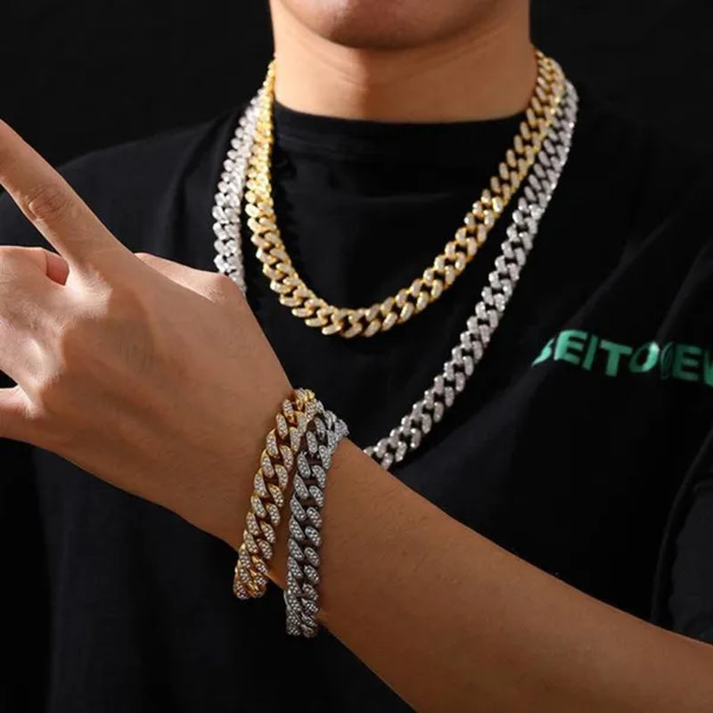 Cuban Link Chain Gold Silver Plated Bling Miami Cuban Necklace Diamond Chain for Fashion Men Iced Out Hip Hop Jewelry 1Pcs