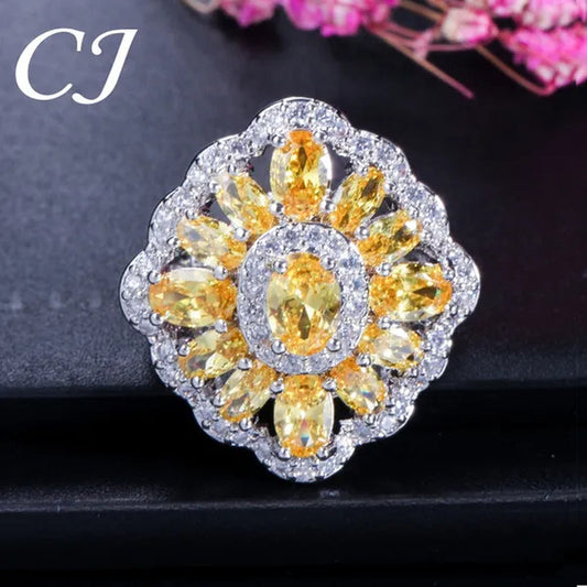 CANDICE Sparkling AAA Oval Yellow Cubic Zirconia Women Sterling Silver Plated Ring For Wedding Party（US SIZE 6-9）
