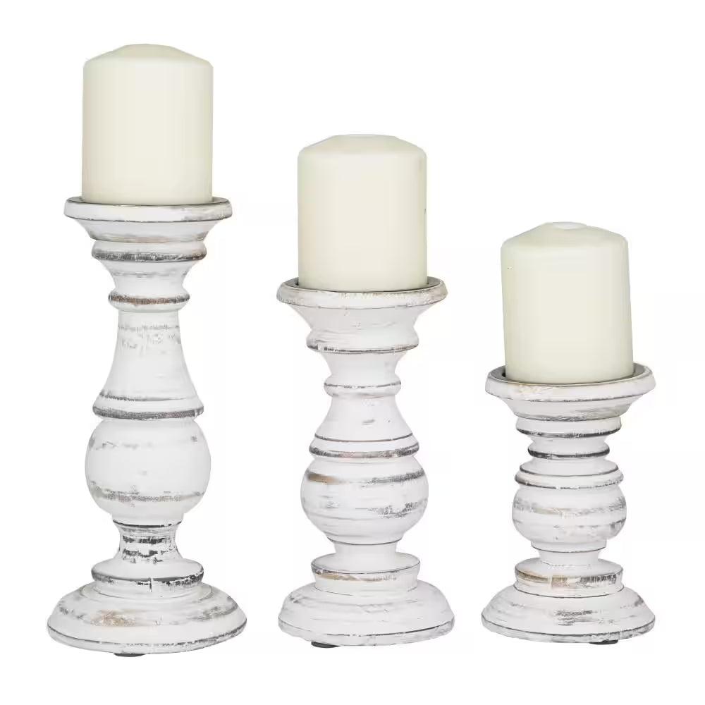 White Mango Wood Turned Style Pillar Candle Holder (Set of 3)