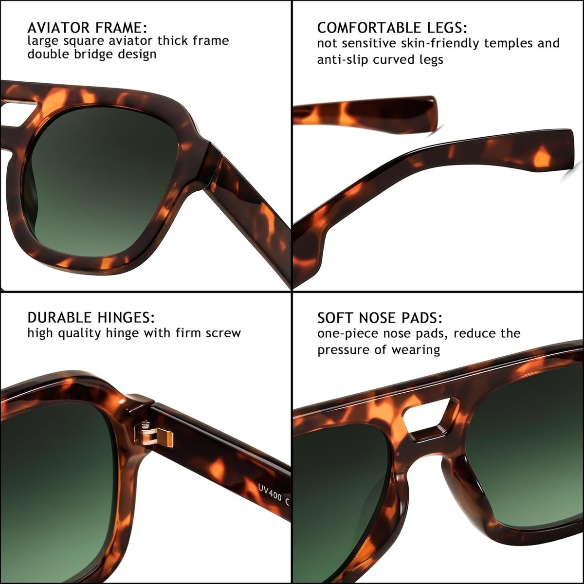 Vintage Aviator Sunglasses Double Bridge Women Men Large Square Thick Frame Trendy Eyewear UV400 B2846