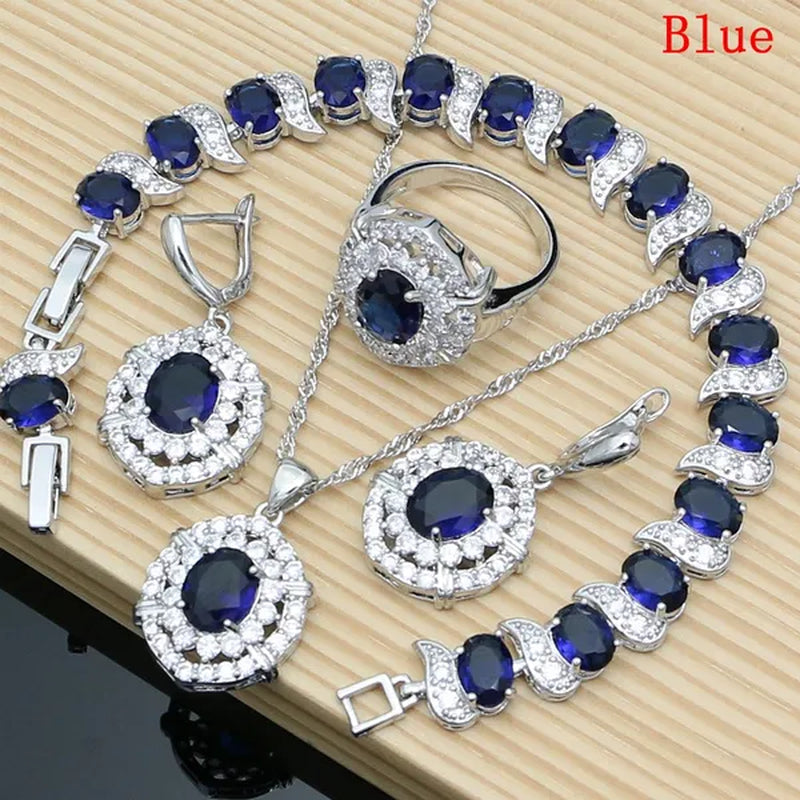 Oval 925 Silver Party Jewelry Sets blue sapphire White CZ Earrings Pendant Necklace Rings Bracelet Gift For Women