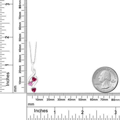 925 Sterling Silver Red Created Ruby and Pink Moissanite Pendant Necklace for Women (0.85 Cttw, Gemstone July Birthstone, Heart Shape 4MM, with 18 Inch Silver Chain)