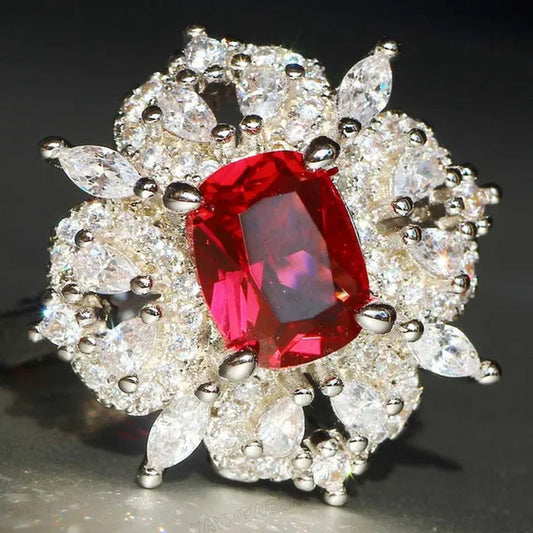 Gorgeous  Silver Natural Gemstones White Sapphire & Ruby Ring Wedding Birthstone Bride Engagement Multilevel Square Ring Jewelry Size 6 7 8 9 10