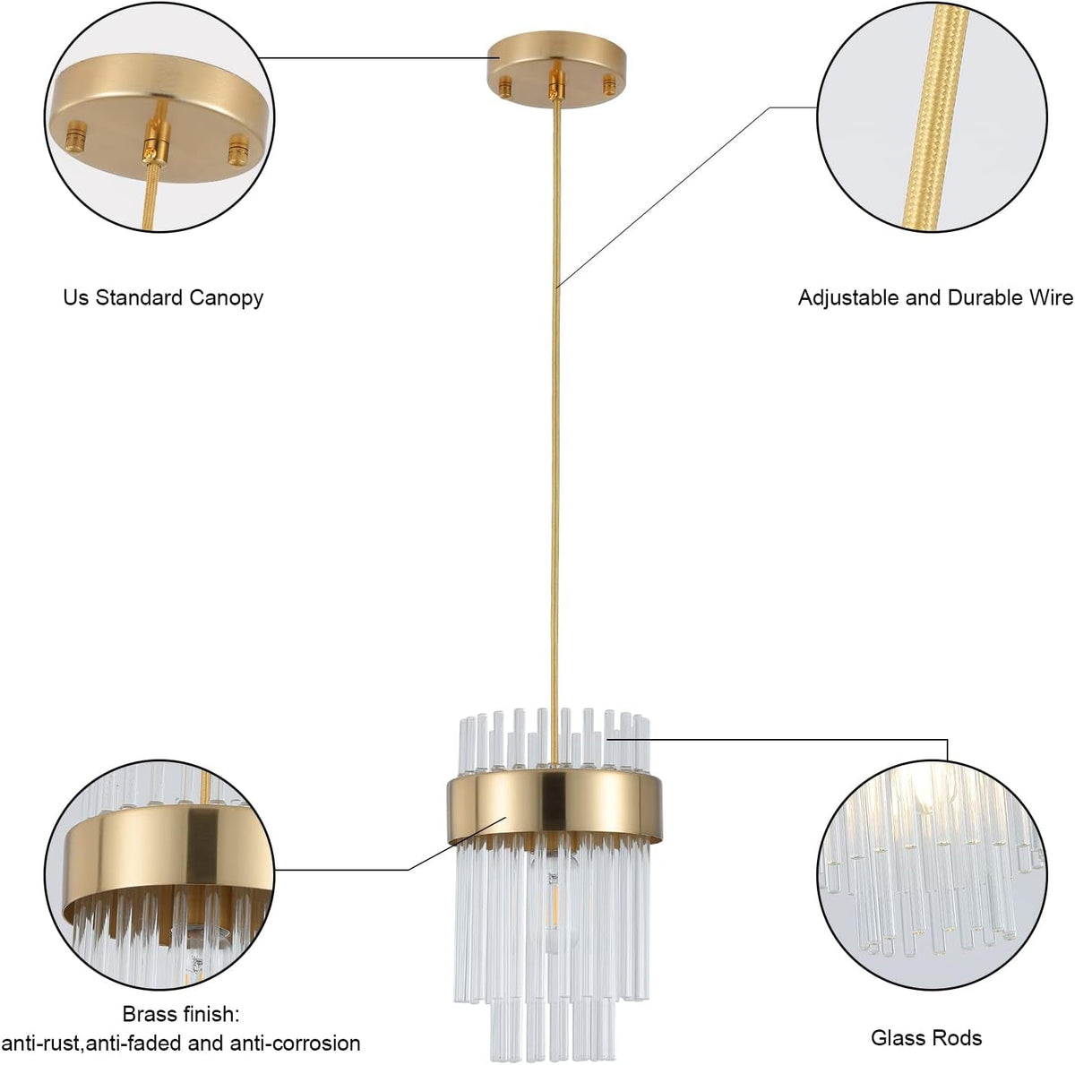 Gold Pendant Lights Kitchen Island,1-Light Crystal Pendant Light Fixtures over Island,Modern Brass Mini Chandelier for Dining Room, Adjustable Cord Hanging Lights for Bedroom,Bar,Sink,Entryway