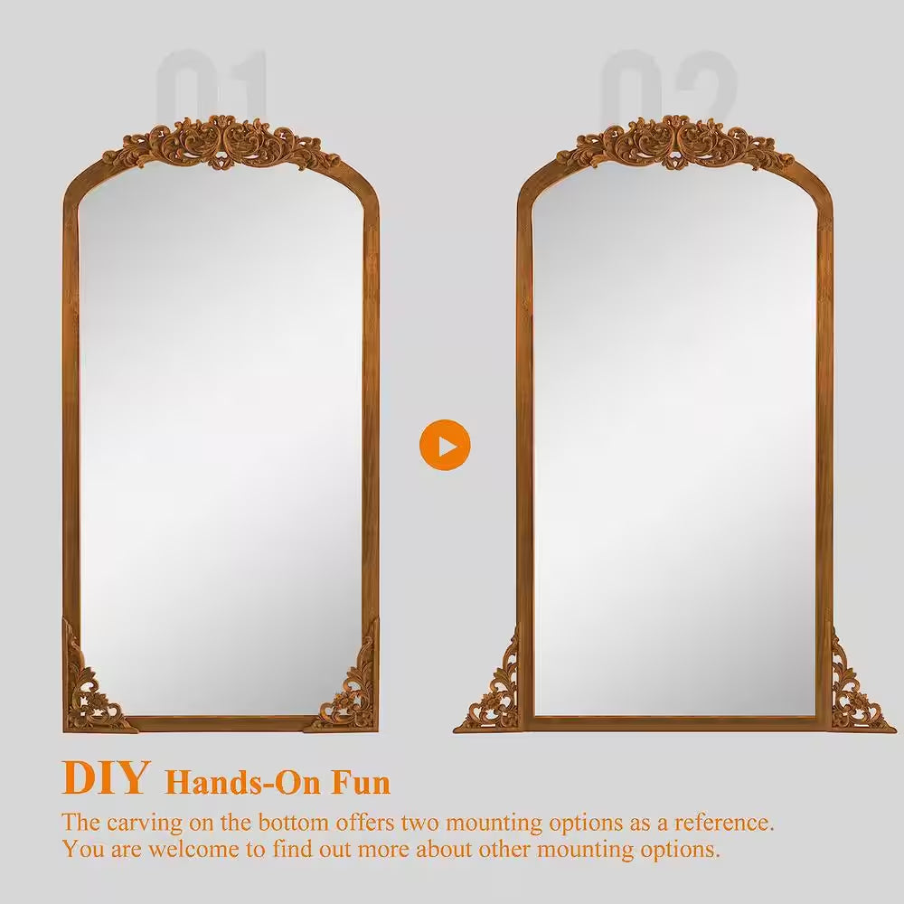 28 In. W X 67 In. H Classic Arch-Top Wood Framed Brown Full-Length Floor Mirror