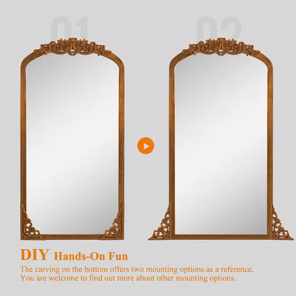 28 In. W X 67 In. H Classic Arch-Top Wood Framed Brown Full-Length Floor Mirror