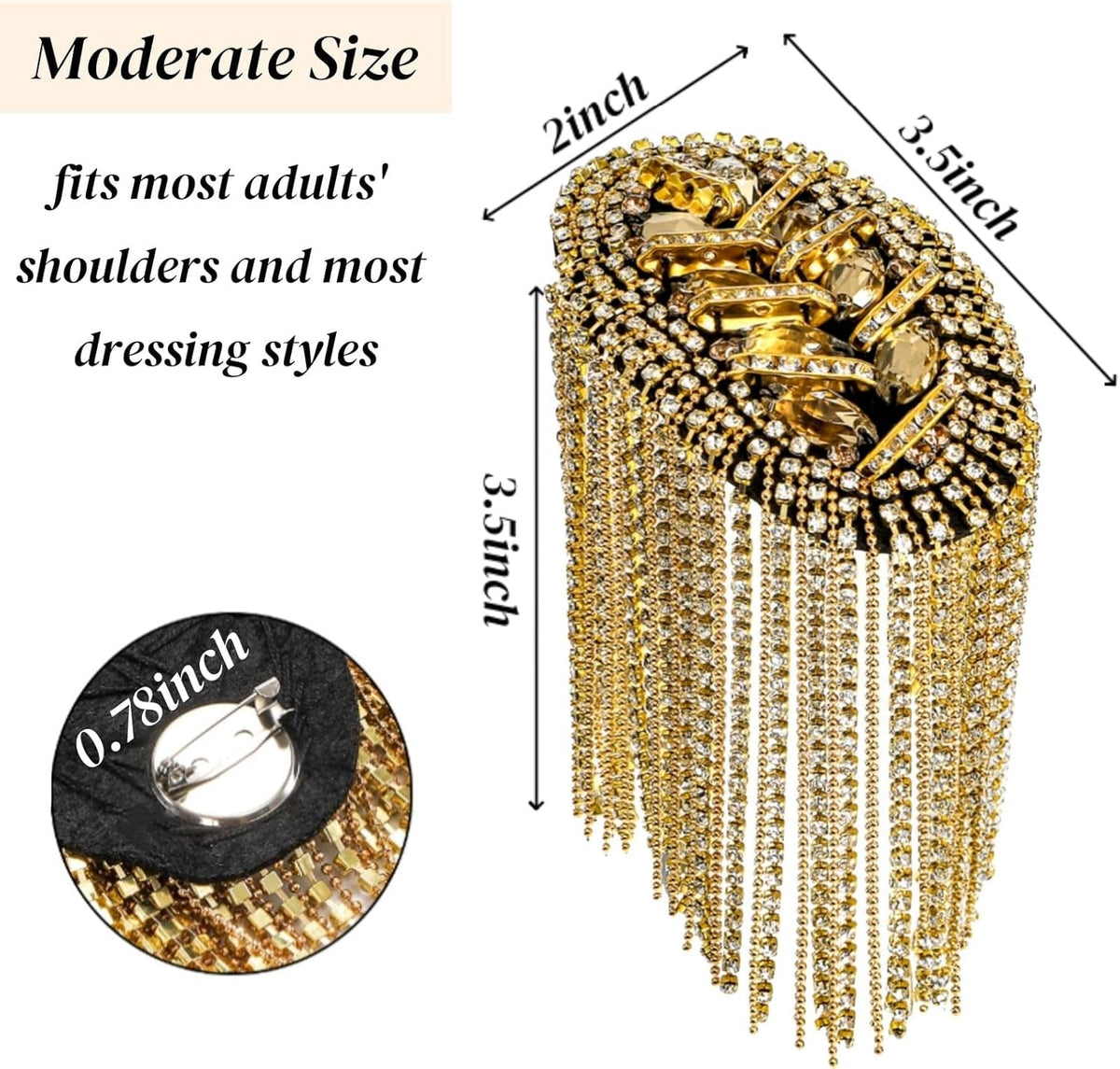 2 Pack Tassel Shoulder Epaulette, Punk Metal Cosplay Ringmaster Shoulder Pads Epaulet with Pins, Gold Rhinestone Beaded Diamond Shoulder Boards Badge Brooch for Men Women Uniform Costume