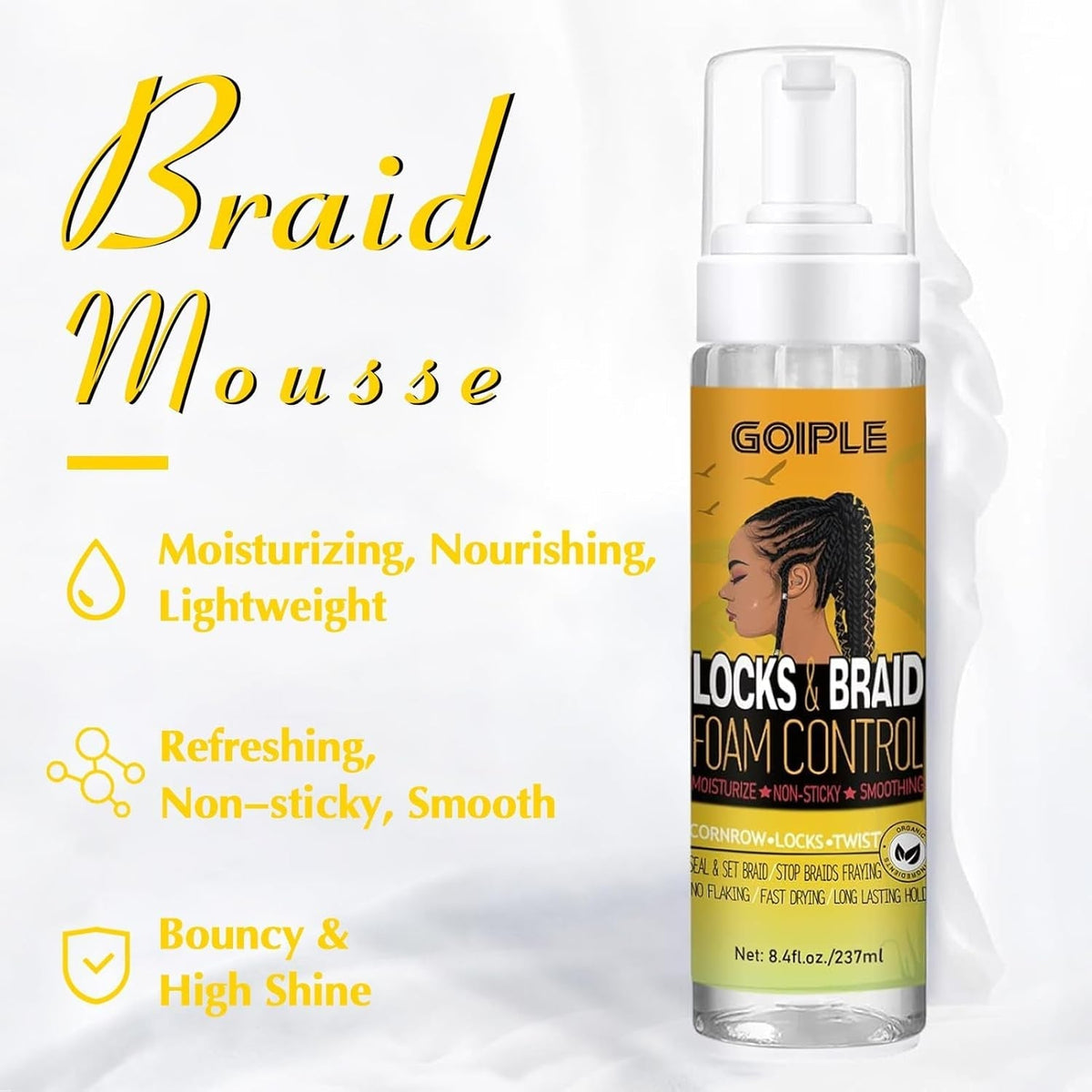 Braid Foam for Braids, Twists, Locs - No Flake Extra Hold & High Shine - Lightweight Mousse Moisturizes & Styles Hair - 8Fl Oz