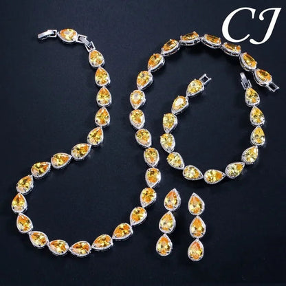 CANDICE Classic Zirconia Wedding Jewelry Sets For Bridal Luxury Teardrop CZ Stone White Gold Plated Party Chocker Necklace Earrings and Bracelet Set