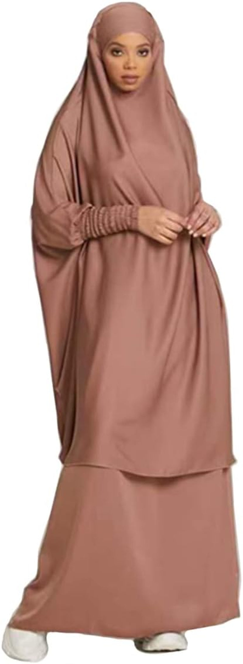 Women Muslim 2 Set Solid Color plus Long Sleeve Thobe One-Size Longuette Overall Abaya Thobe with Hoodied Hijab