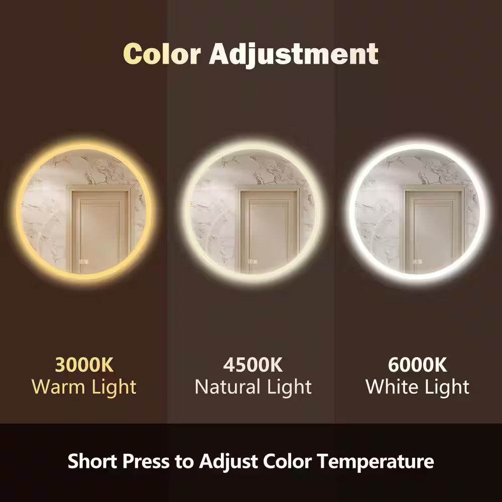 32 In. W X 32 In. H round Frameless LED Light with 3-Color and Anti-Fog Wall Mounted Bathroom Vanity Mirror