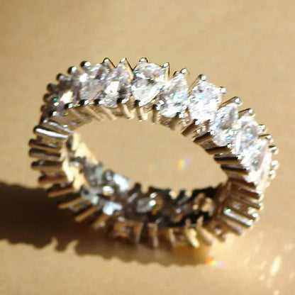 Luxurious  Silver Natural Gemstones White Sapphire Wedding Birthstone Bride Flower Engagement Ellipse Drop Ring Jewelry Size 6 7 8 9 10