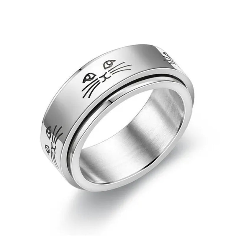 Couple Rings Rotatable Fidget Rings Stainless Steel Sun Moon Star Dot Waves Cat Pattern Spinner Ring Jewelry Gift for Women Men Boyfriend Girlfriend