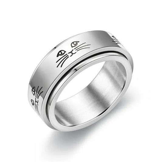 Couple Rings Rotatable Fidget Rings Stainless Steel Sun Moon Star Dot Waves Cat Pattern Spinner Ring Jewelry Gift for Women Men Boyfriend Girlfriend