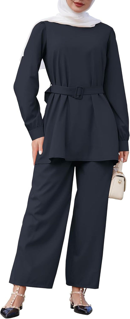 Women'S Muslim Long Sleeve Loose Top Pants 2 Pcs Dubai Islamic Muslim Clothes
