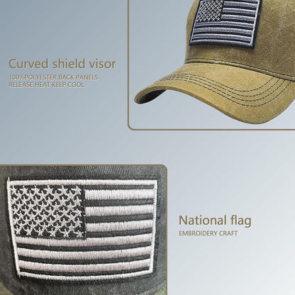 Tennis Cap American Flag Embroidered Baseball Cap Adjustable Trucker Cap for Both Men and Women Khaki