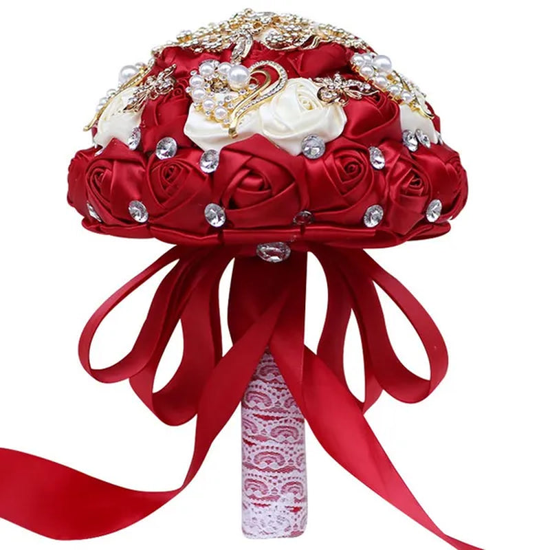 8 Inch Wine Red & Milk White Bridal  Bouquets Artificial Satin Rose Gold Diamond Brooch Bride Holding Flowers Party Valentine Bouquet