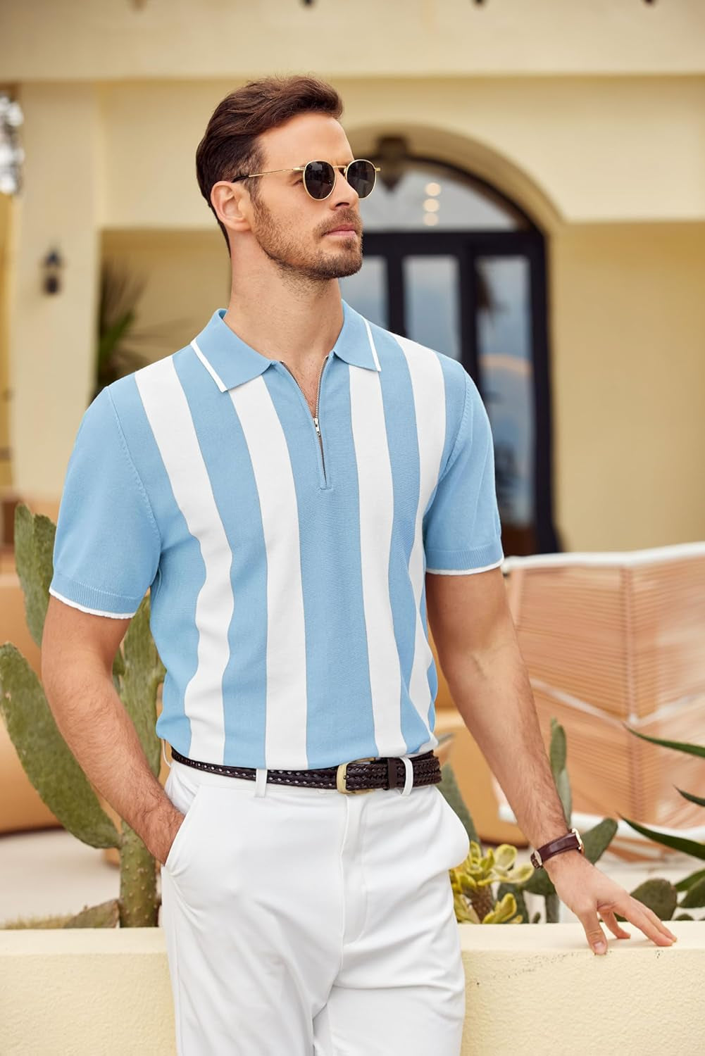 Men'S Zipper Polo Shirt Casual Knit Short Sleeve Polo T Shirt Classic Fit Shirts